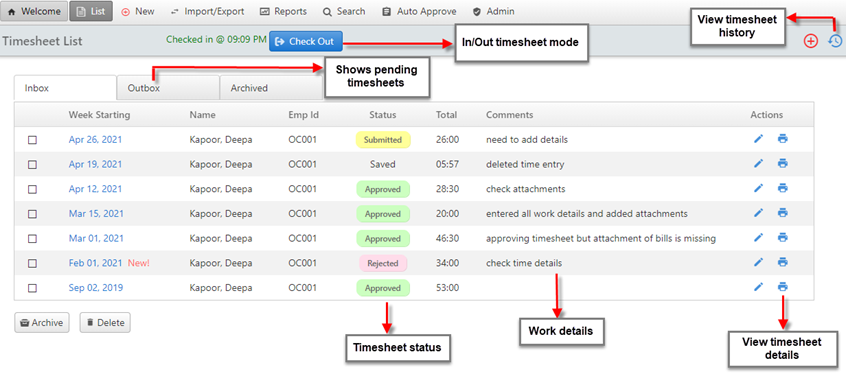 Timesheet Inbox Screen